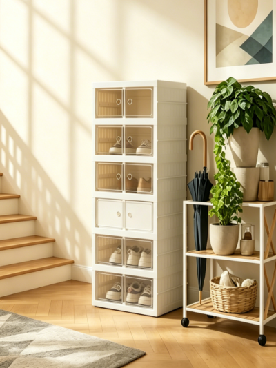 Foldable Shoe Cabinet with Transparent Doors and Wheels
